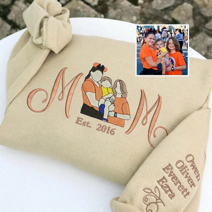Custom Embroidered Mom Sweatshirt with Mom Kids Portrait | Mother&