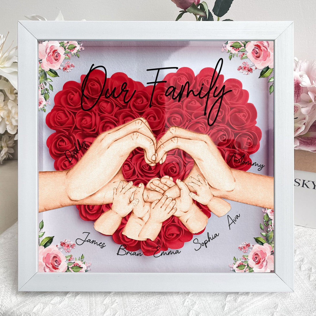 Personalized Our Family Hands Flower Shadow Box – Custom Mother’s Day Gift for Mom, Popular Family Keepsake Decor