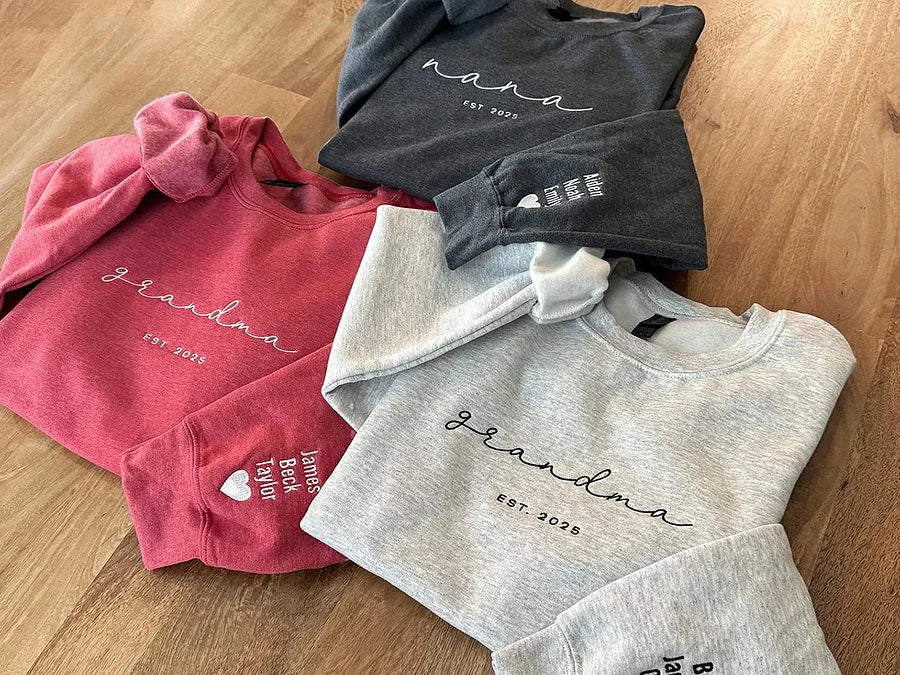 Custom Embroidered Grandma Sweatshirt with Grandkids Names on Sleeves