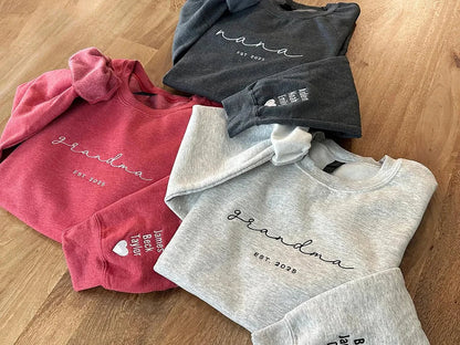 Custom Embroidered Grandma Sweatshirt with Grandkids Names on Sleeves