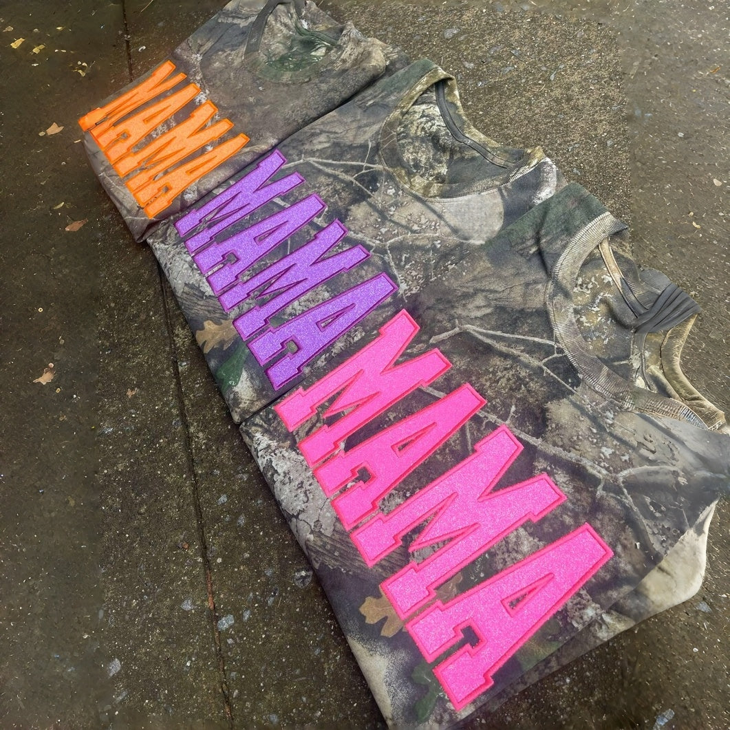 Personalized Camo Glitter Text Mama Shirt Custom Name Hunting Gift for Mom Mothers Day Apparel