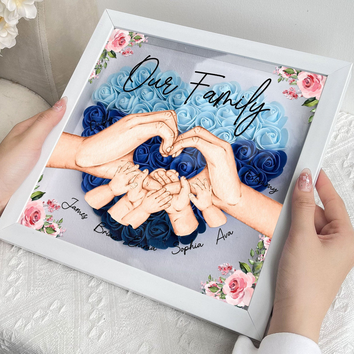 Personalized Our Family Hands Flower Shadow Box – Custom Mother’s Day Gift for Mom, Popular Family Keepsake Decor