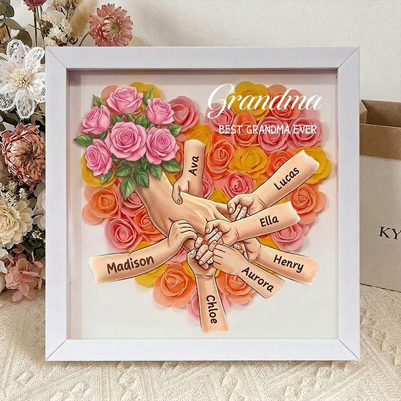 "Pink Roses"-Personalized Mom Holding Hands  Shadow Box-Mother&