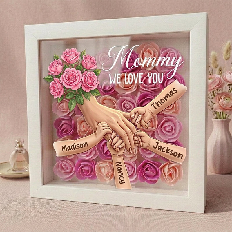 "Pink Roses"-Personalized Mom Holding Hands  Shadow Box-Mother&