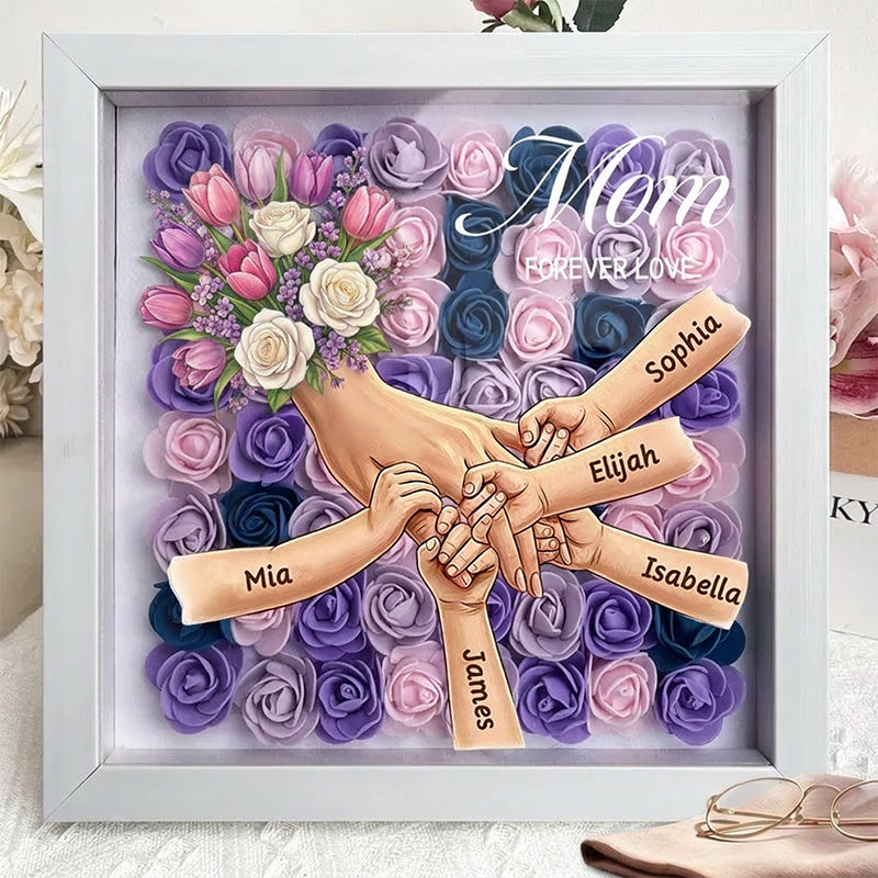 "Tulips &amp; White Roses"-Personalized Mom Holding Hands Flower Shadow Box-Mother&