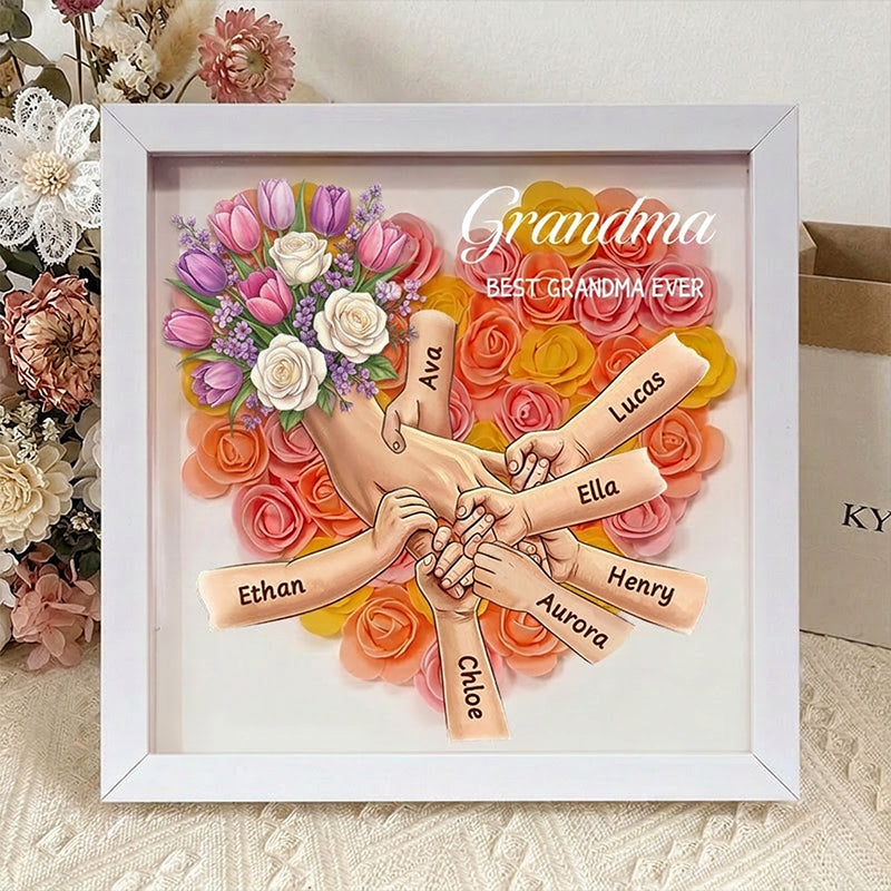 "Tulips &amp; White Roses"-Personalized Mom Holding Hands Flower Shadow Box-Mother&