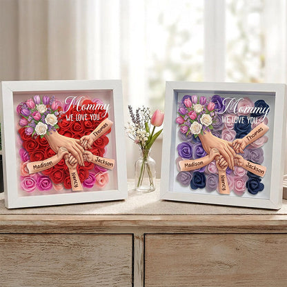 "Tulips &amp; White Roses"-Personalized Mom Holding Hands Flower Shadow Box-Mother&