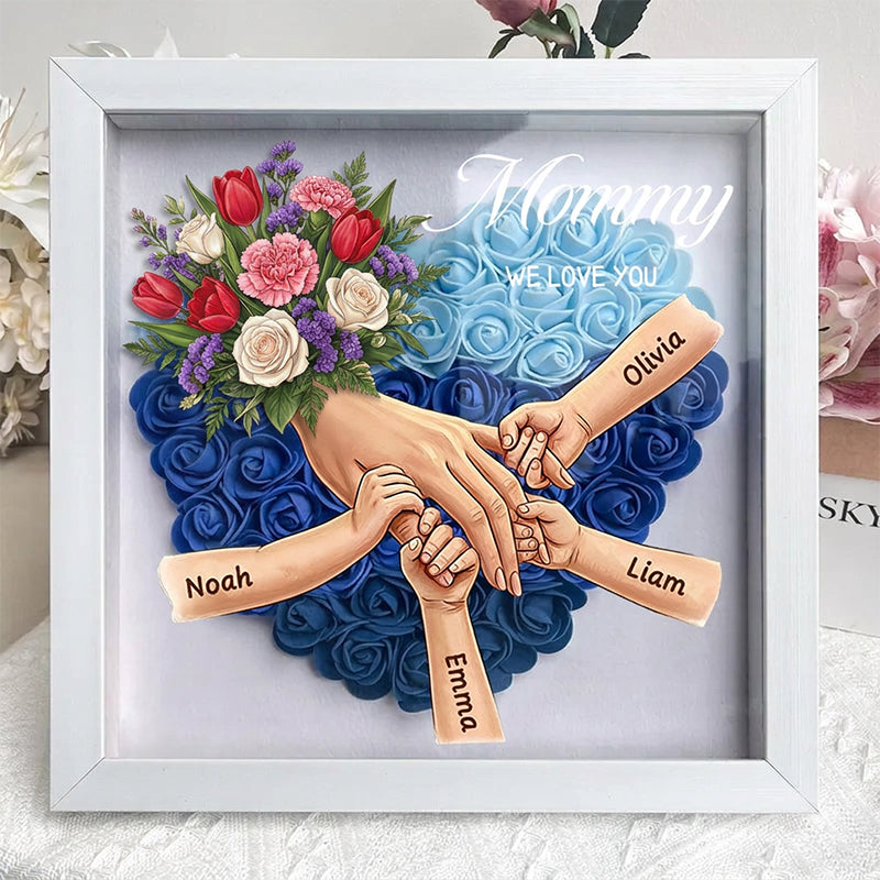 "Tulips, White Roses, and Carnations"-Personalized Mom Holding Hands Flower Shadow Box-Mother&