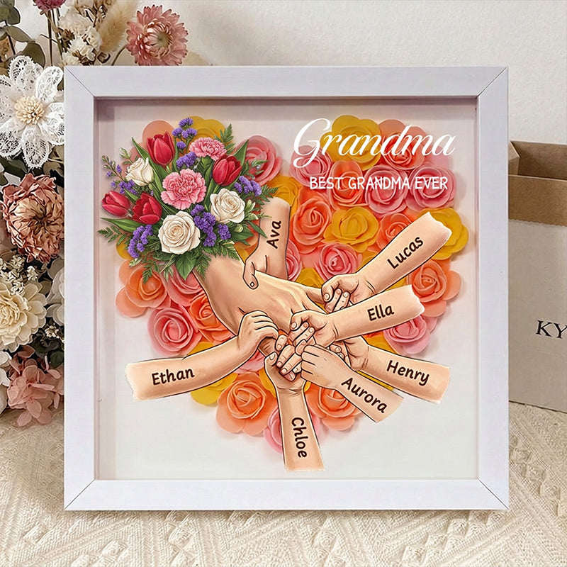 "Tulips, White Roses, and Carnations"-Personalized Mom Holding Hands Flower Shadow Box-Mother&