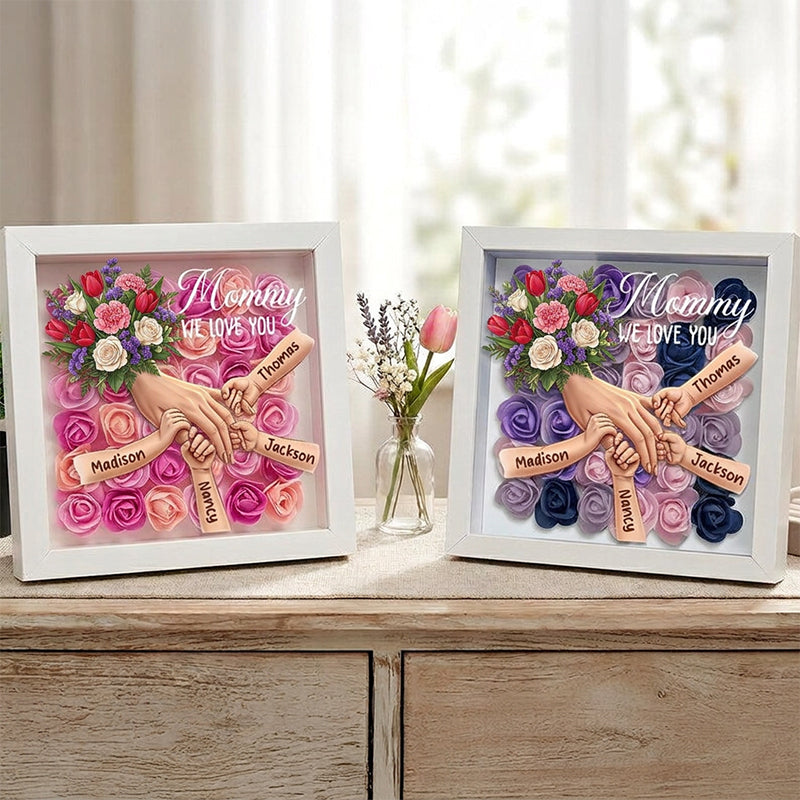 "Tulips, White Roses, and Carnations"-Personalized Mom Holding Hands Flower Shadow Box-Mother&