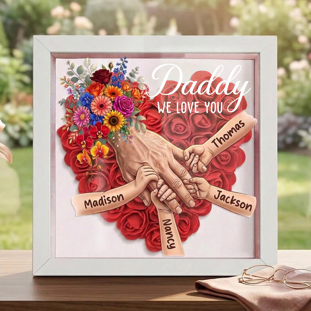 Custom Dad &amp; Kids Holding Hands Floral Shadow Box | Personalized Father&