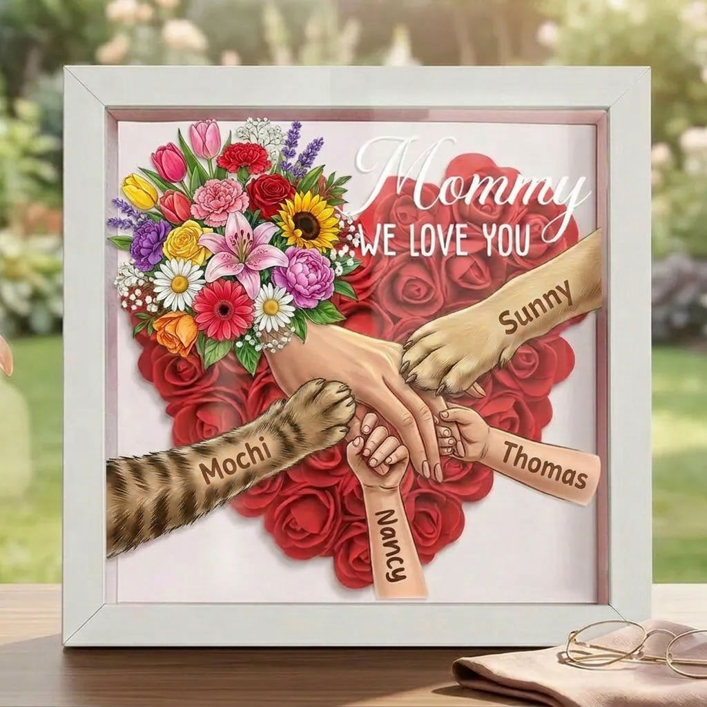 "Mixed Bouquet"-Personalized Pet Paw &amp; Human Hand Holding Shadow Box-Mother&