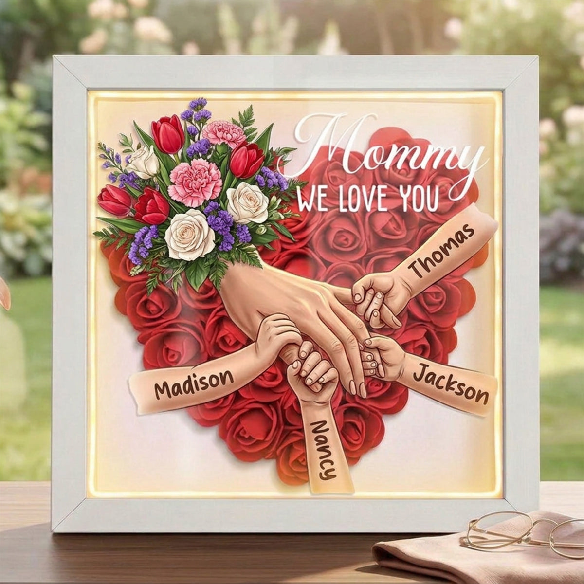 "Tulips, White Roses, and Carnations"-Personalized Mom Holding Hands Flower Shadow Box-Mother&