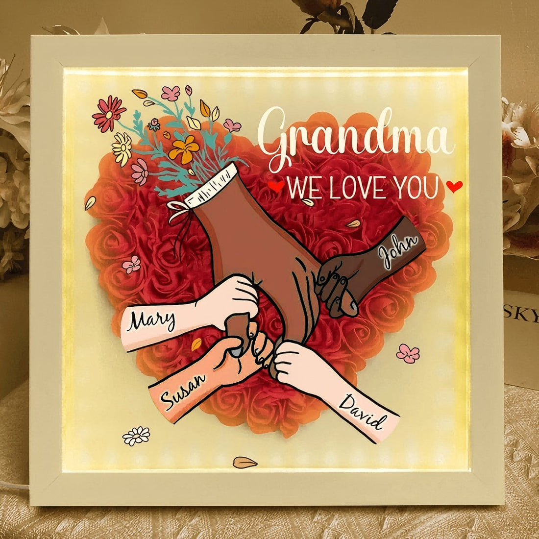 Custom Hand Holding Family Flower Shadow Box with Multiracial Family-Different Skin Tones | Mother’s Day gift
