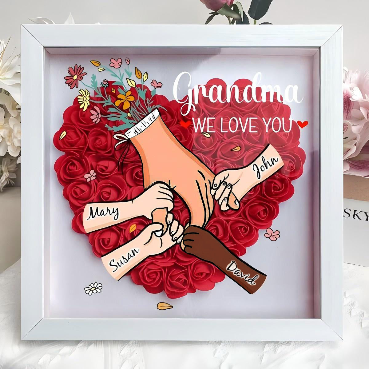 Custom Hand Holding Family Flower Shadow Box with Multiracial Family-Different Skin Tones | Mother’s Day gift
