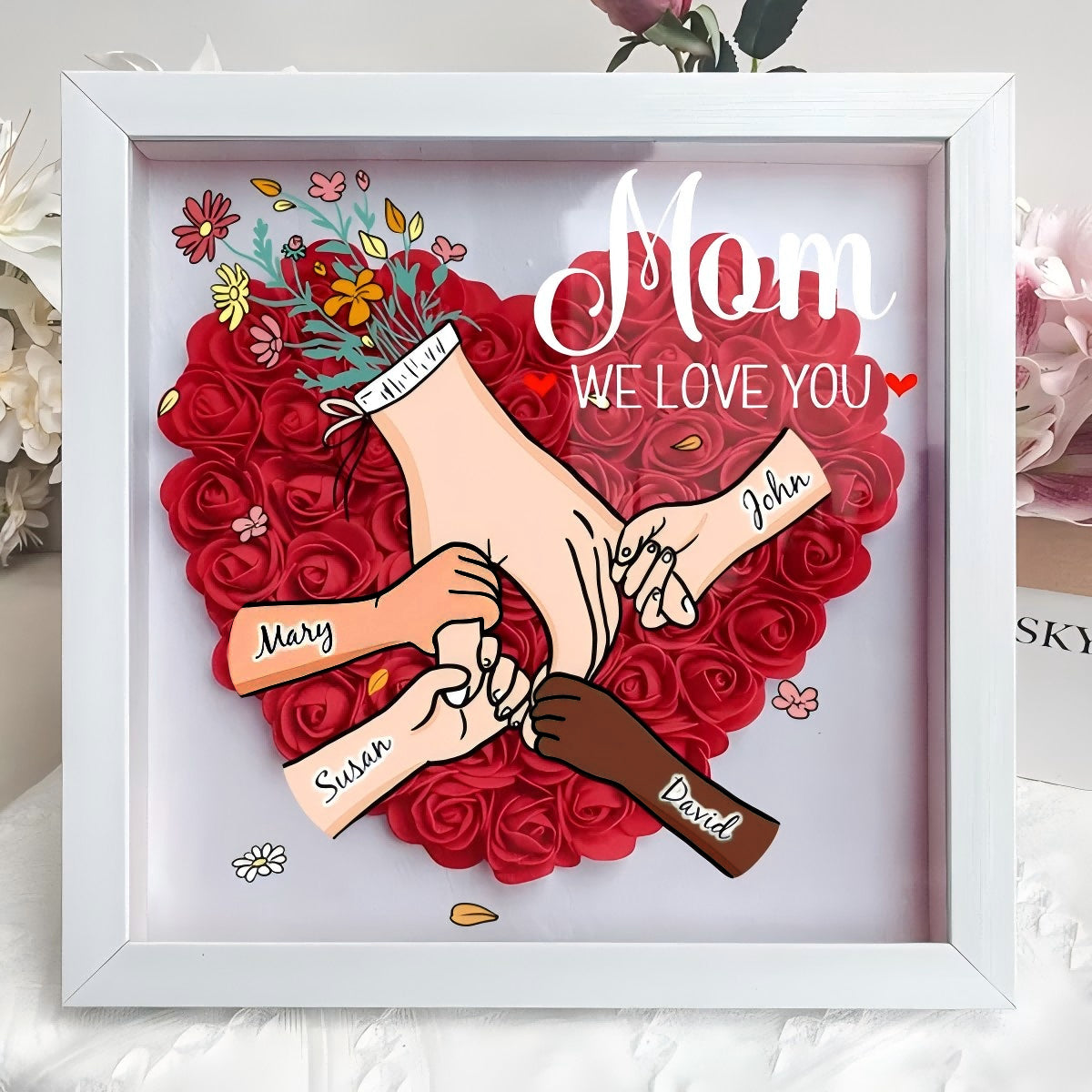 Custom Hand Holding Family Flower Shadow Box with Multiracial Family-Different Skin Tones | Mother’s Day gift