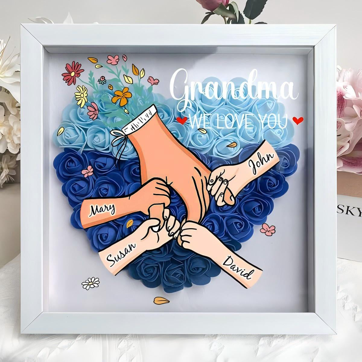 Custom Hand Holding Family Flower Shadow Box with Multiracial Family-Different Skin Tones | Mother’s Day gift