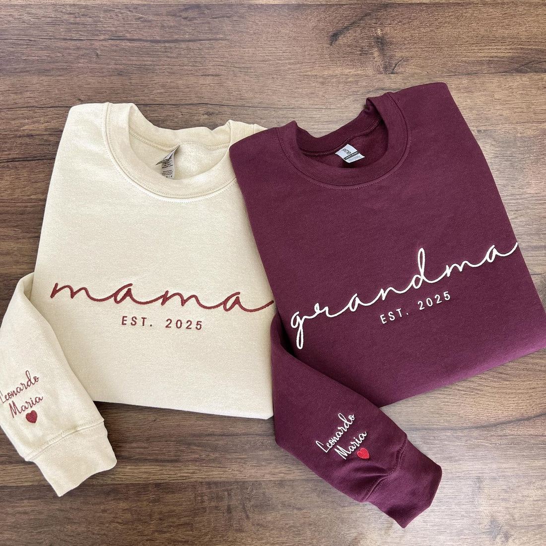 Custom Embroidered Mama Est Year Sweatshirt | Name On Sleeve With Heart, Grandma Shirt With Date | Gift For New Mom, Mothers Day Gift