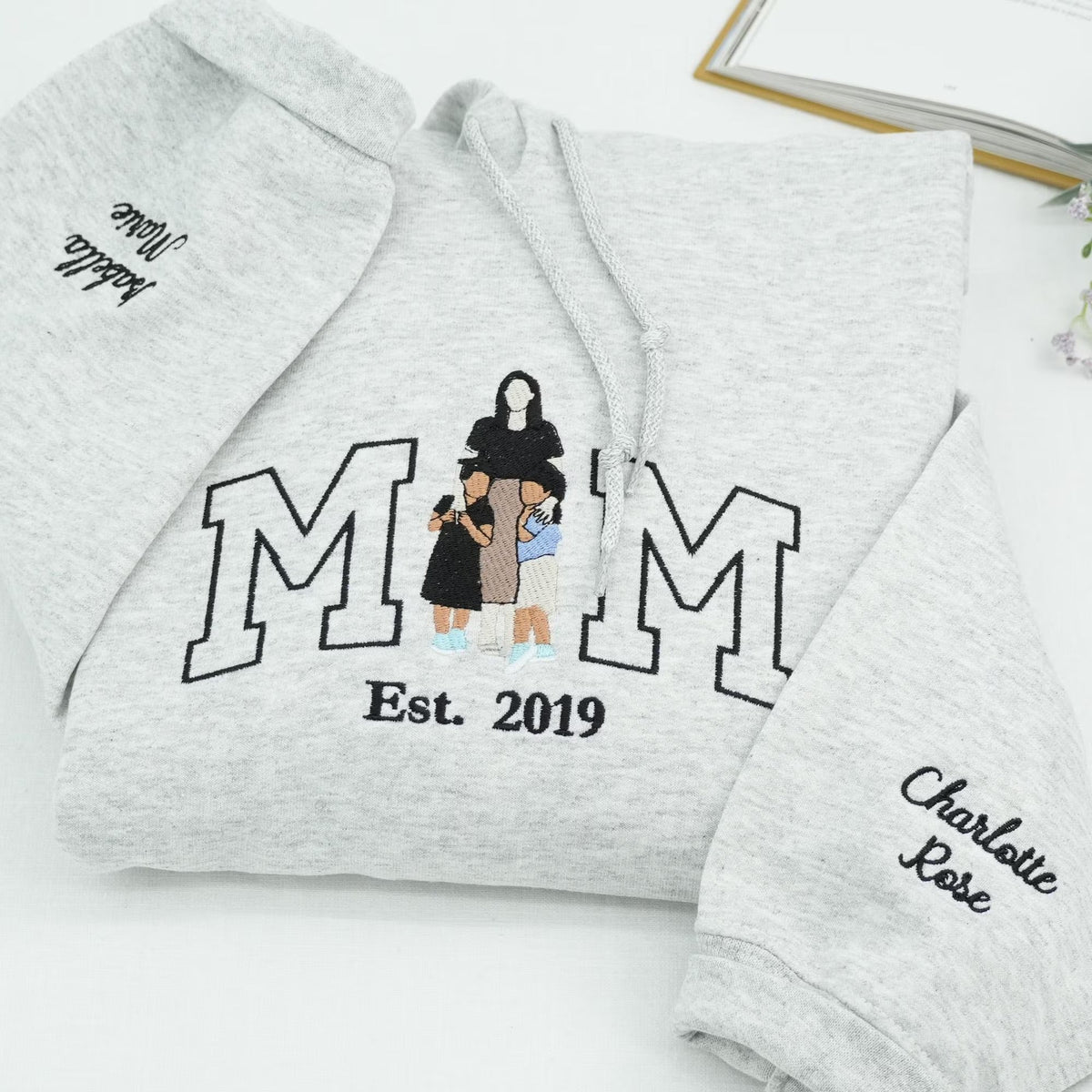 Custom Embroidered Photo Mom and Kids Family Portrait Sweatshirt |  Mother&