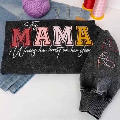 Custom Embroidered Heart on Sleeve Personalized Mommy/Grandma Washed Sweatshirt | Mother&