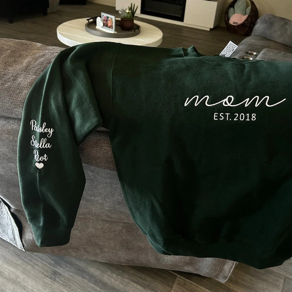 Custom Embroidered Mama Sweatshirt with Date and Kids Names on Sleeve Christmas Gift for Mom | Mother&