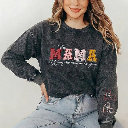 Custom Embroidered Heart on Sleeve Personalized Mommy/Grandma Washed Sweatshirt | Mother&