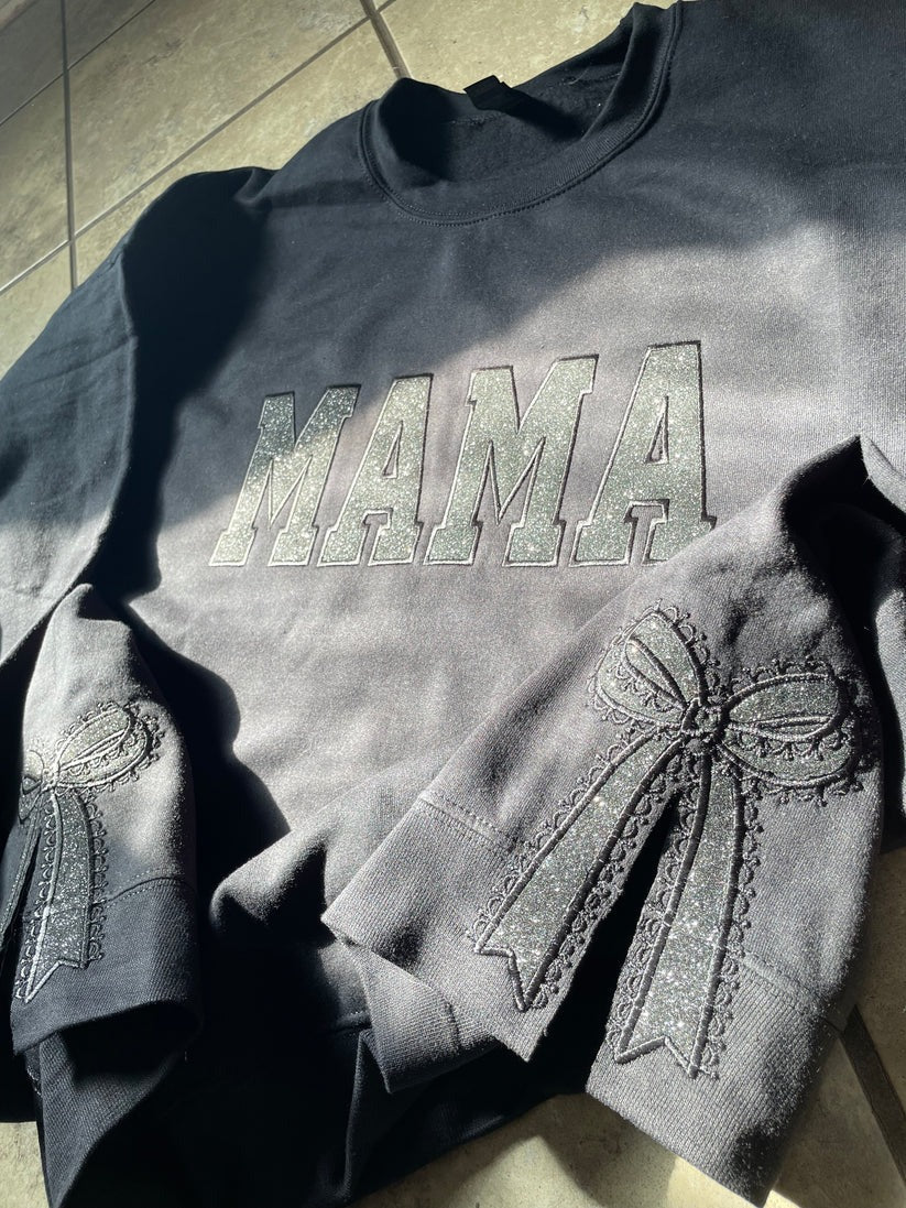 Custom Glitter Embroidered Lace Side Bow Mama Sweatshirt | Mother&