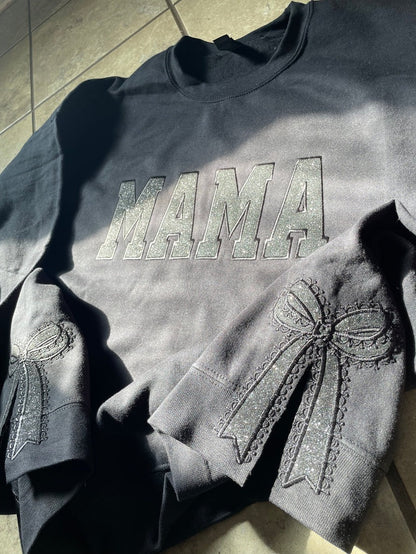 Custom Glitter Embroidered Lace Side Bow Mama Sweatshirt | Mother&