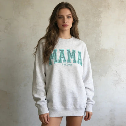 Custom Glitter "MAMA" Embroidered Sweatshirt | Personalized Mom Est. Sweatshirt with Kids Names on Sleeve
