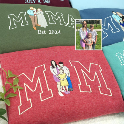 Custom Embroidered Photo Mom and Kids Family Portrait Sweatshirt |  Mother&