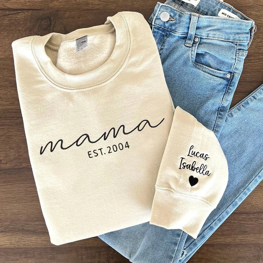 Custom Embroidered Mama Sweatshirt with Date and Kids Names on Sleeve Christmas Gift for Mom | Mother&