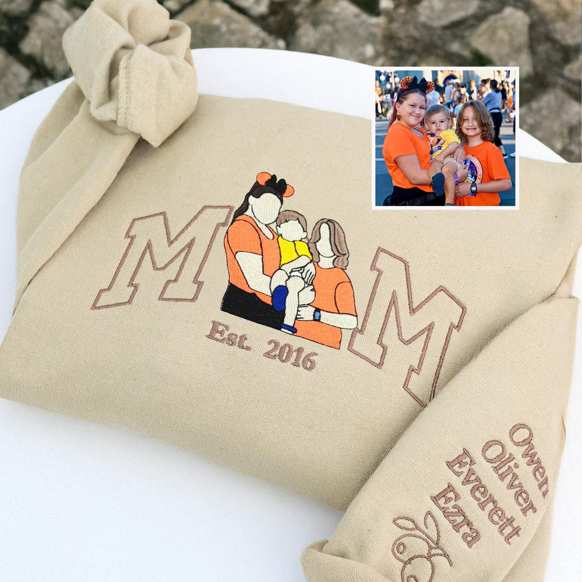 Custom Embroidered Photo Mom and Kids Family Portrait Sweatshirt |  Mother&