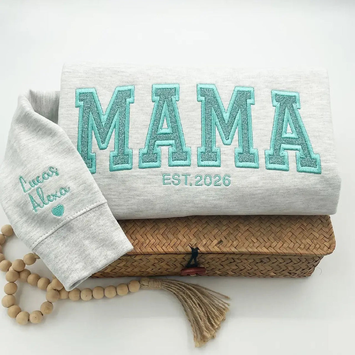 Custom Glitter "MAMA" Embroidered Sweatshirt | Personalized Mom Est. Sweatshirt with Kids Names on Sleeve