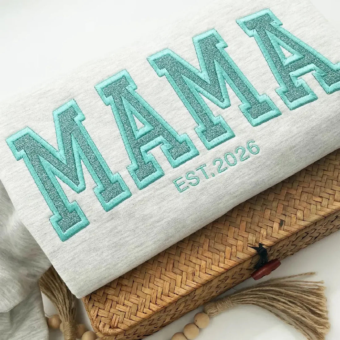 Custom Glitter "MAMA" Embroidered Sweatshirt | Personalized Mom Est. Sweatshirt with Kids Names on Sleeve