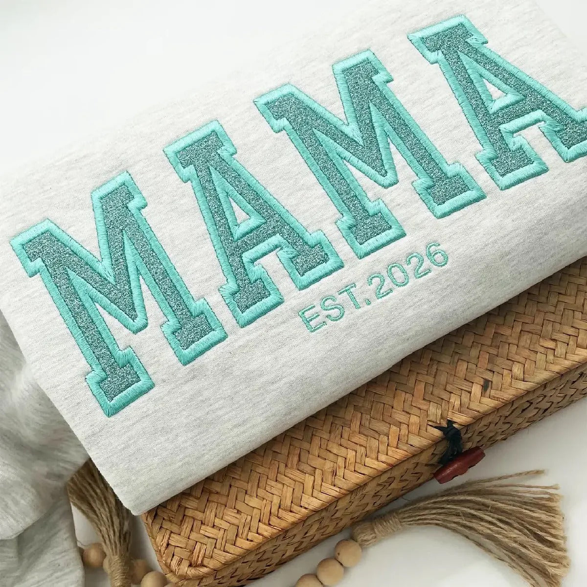 Custom Glitter "MAMA" Embroidered Sweatshirt | Personalized Mom Est. Sweatshirt with Kids Names on Sleeve