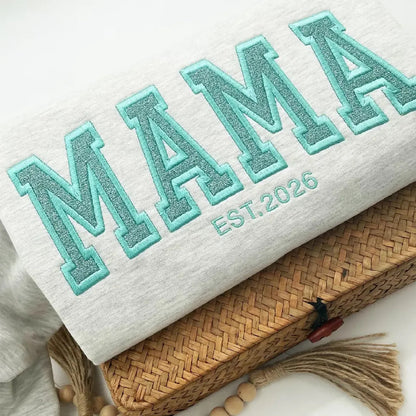 Custom Glitter "MAMA" Embroidered Sweatshirt | Personalized Mom Est. Sweatshirt with Kids Names on Sleeve