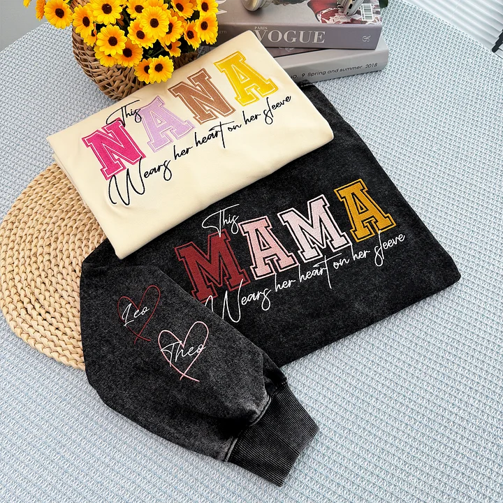Custom Embroidered Heart on Sleeve Personalized Mommy/Grandma Washed Sweatshirt | Mother&