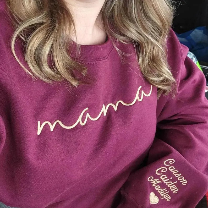 Custom mama Embroidered Sweatshirt with Kids Names on Sleeves Mother&