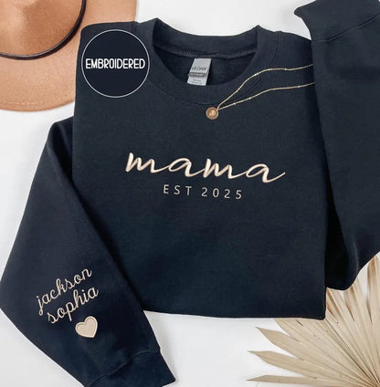 Custom mama Embroidered Sweatshirt with Kids Names on Sleeves Mother&