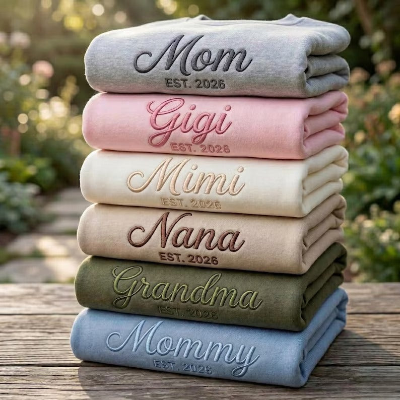 Custom Embroidered Grandma Mama Nana Mimi Sweatshirt &amp; Hoodie with Kids Names on Sleeves Mother&