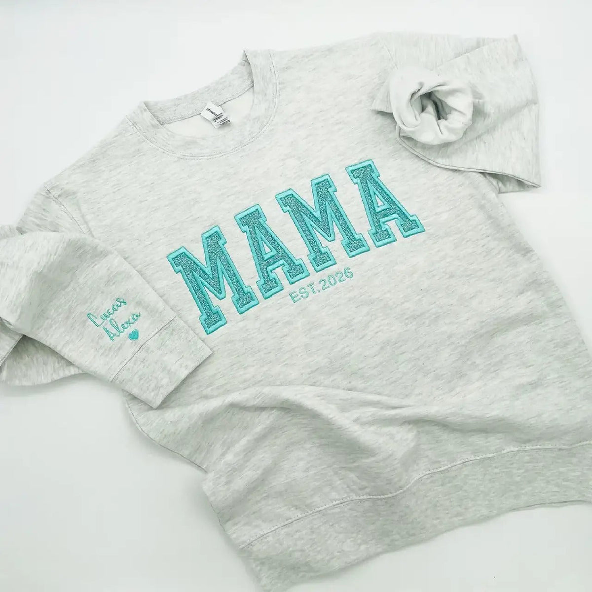 Custom Glitter "MAMA" Embroidered Sweatshirt | Personalized Mom Est. Sweatshirt with Kids Names on Sleeve