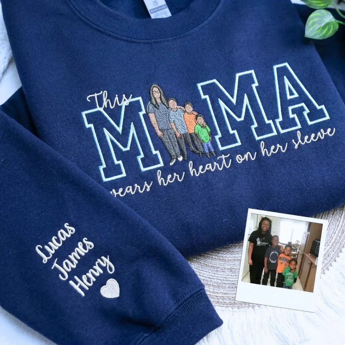 Custom This Mama Wears Her Heart On Her Sleeve Photo Embroidered Sweatshirt, Mother&