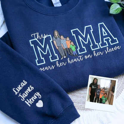 Custom This Mama Wears Her Heart On Her Sleeve Photo Embroidered Sweatshirt, Mother&