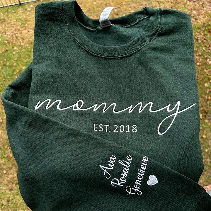 Custom Embroidered Mama Sweatshirt with Date and Kids Names on Sleeve Christmas Gift for Mom | Mother&
