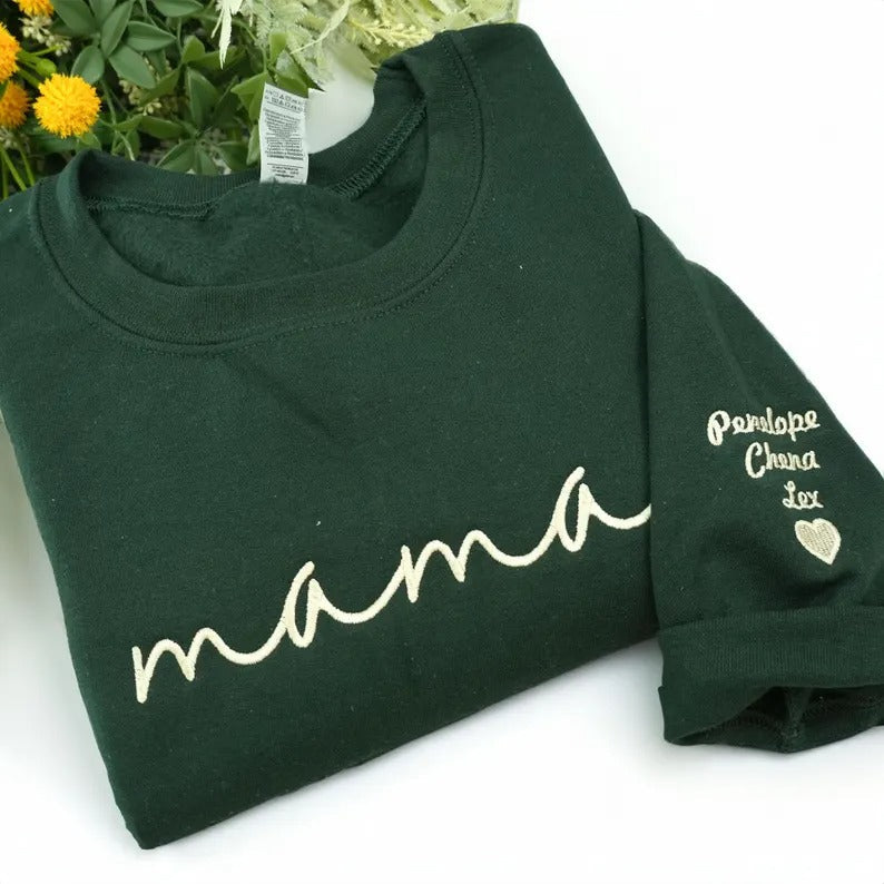 Custom mama Embroidered Sweatshirt with Kids Names on Sleeves Mother&