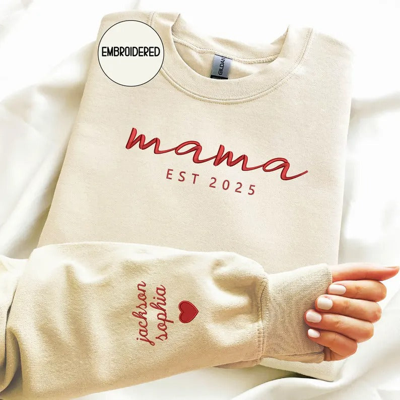 Custom mama Embroidered Sweatshirt with Kids Names on Sleeves Mother&