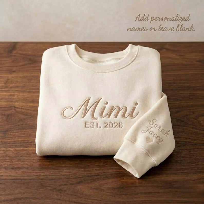 Custom Embroidered Grandma Mama Nana Mimi Sweatshirt &amp; Hoodie with Kids Names on Sleeves Mother&