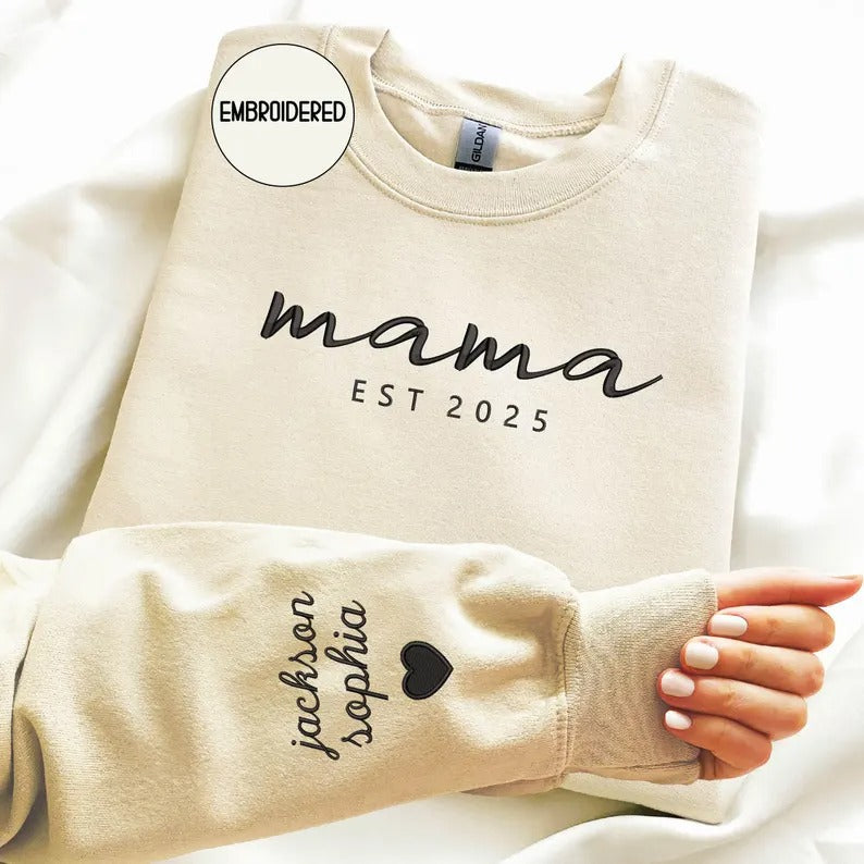 Custom mama Embroidered Sweatshirt with Kids Names on Sleeves Mother&