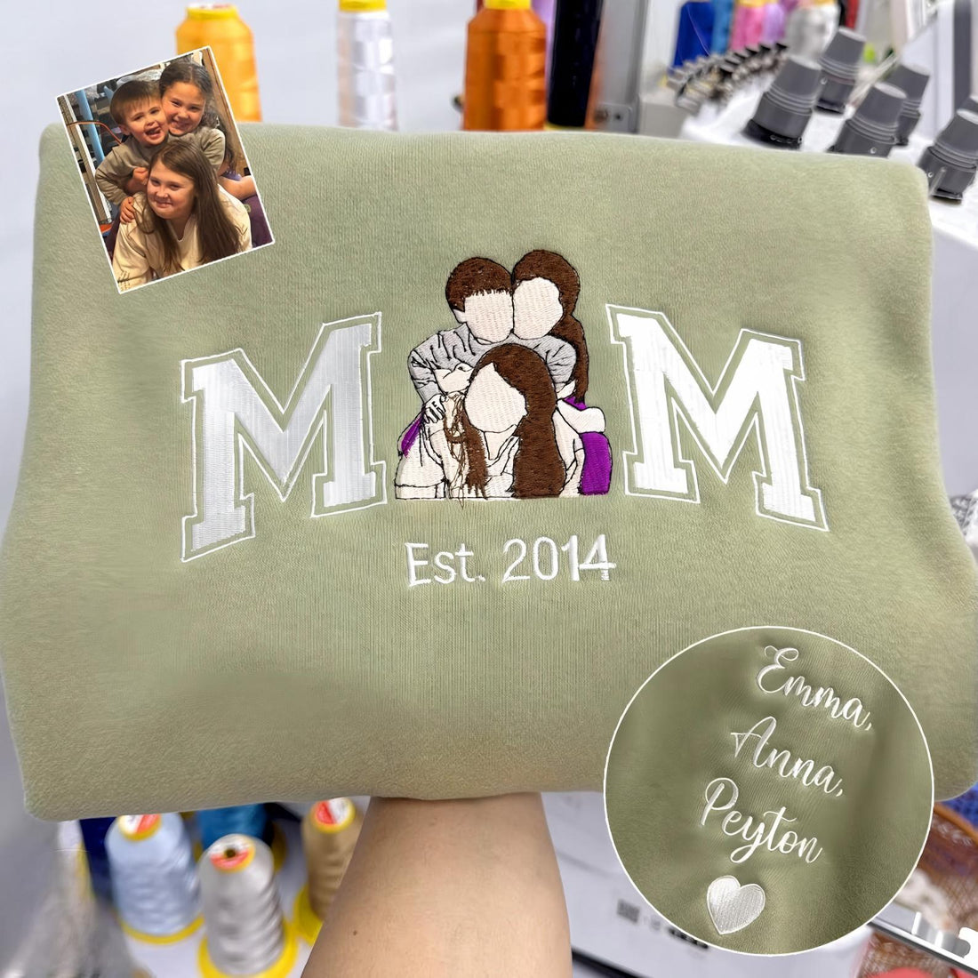 Custom Embroidered Mama Portrait Sweatshirt with Kid Name on Sleeve | Mother&