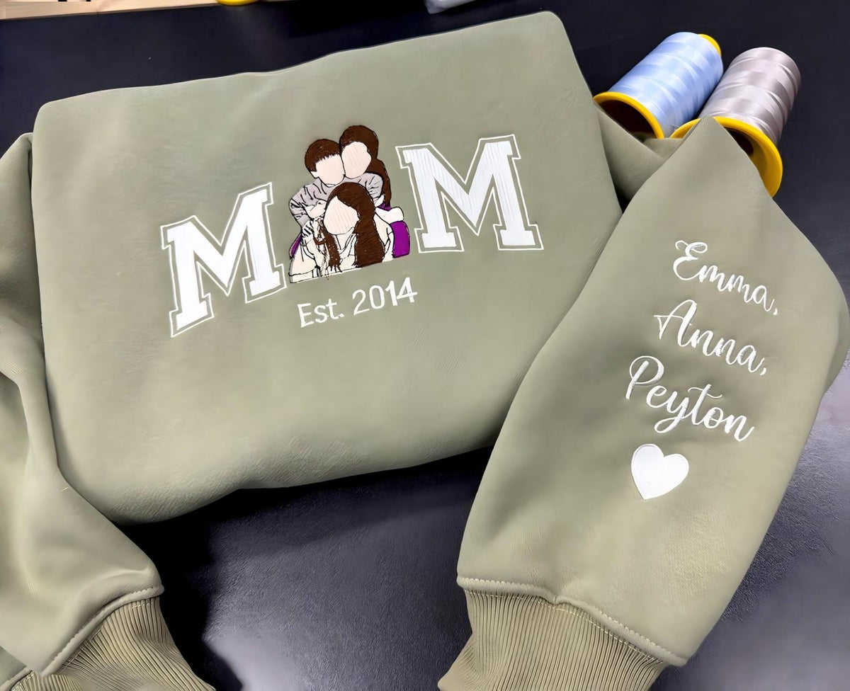 Custom Embroidered Mama Portrait Sweatshirt with Kid Name on Sleeve | Mother&